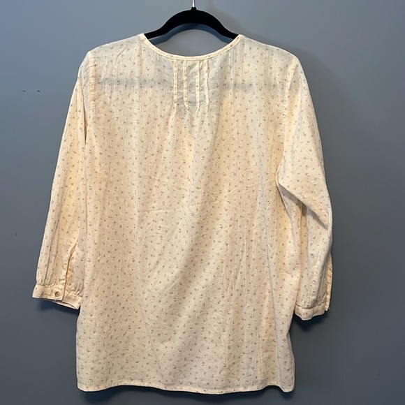 LL Bean Cream Floral Peasant Pleated Bib Tie Collar Blouse Long sleeve Cotton L - Picture 2 of 13